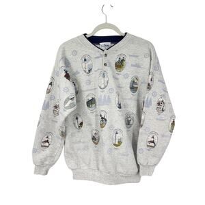 Vintage 90s Artisans Womens Sweatshirt Size M Allover Lighthouse Novelty Print